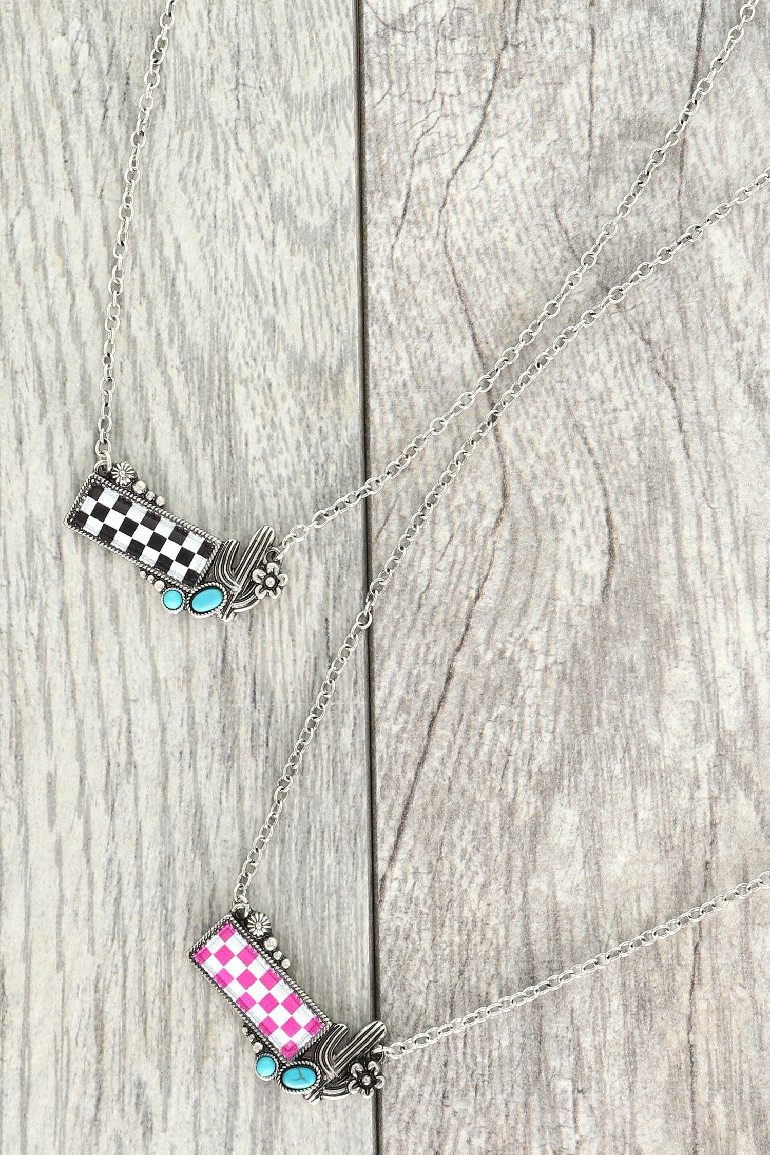WESTERN CHECKERBOARD CACTUS PENDANT NECKLACE