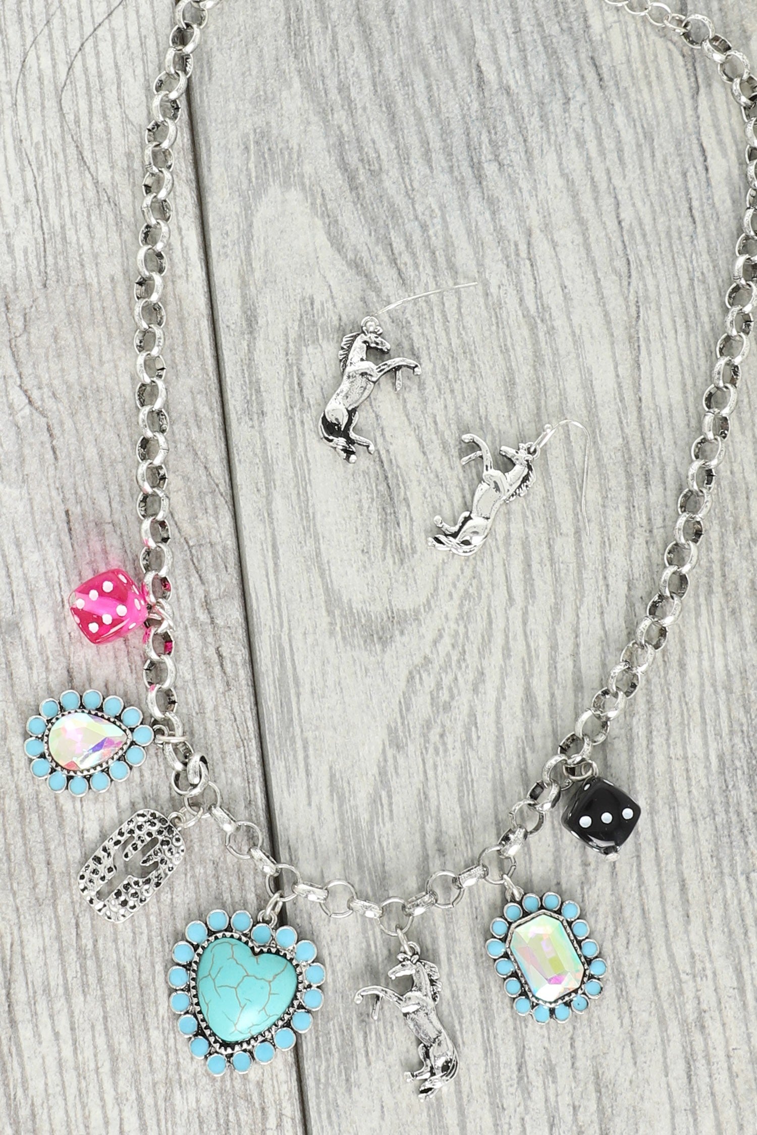 WESTERN THEME JEWELED MULTI CHARM NECKLACE SET