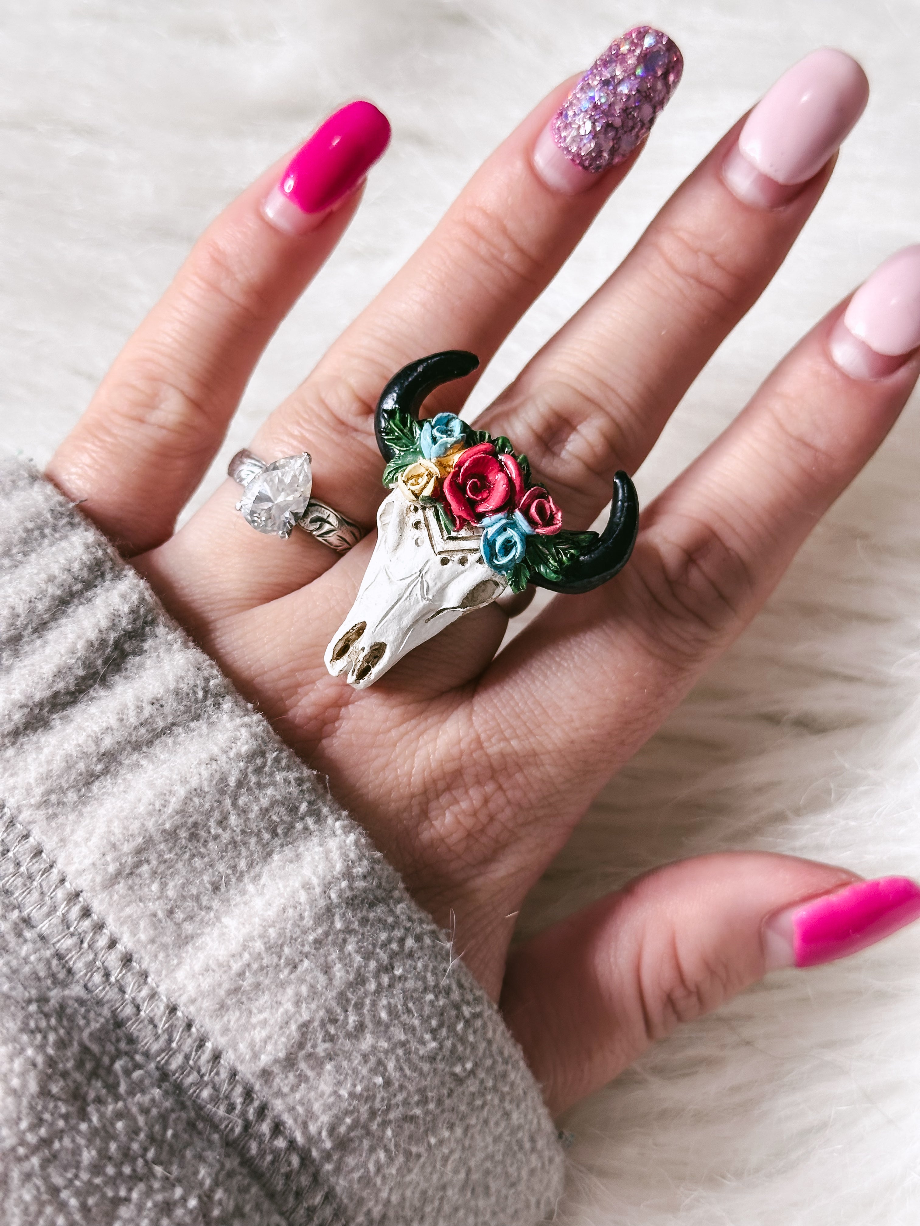 Cow skull floral crown adjustable ring