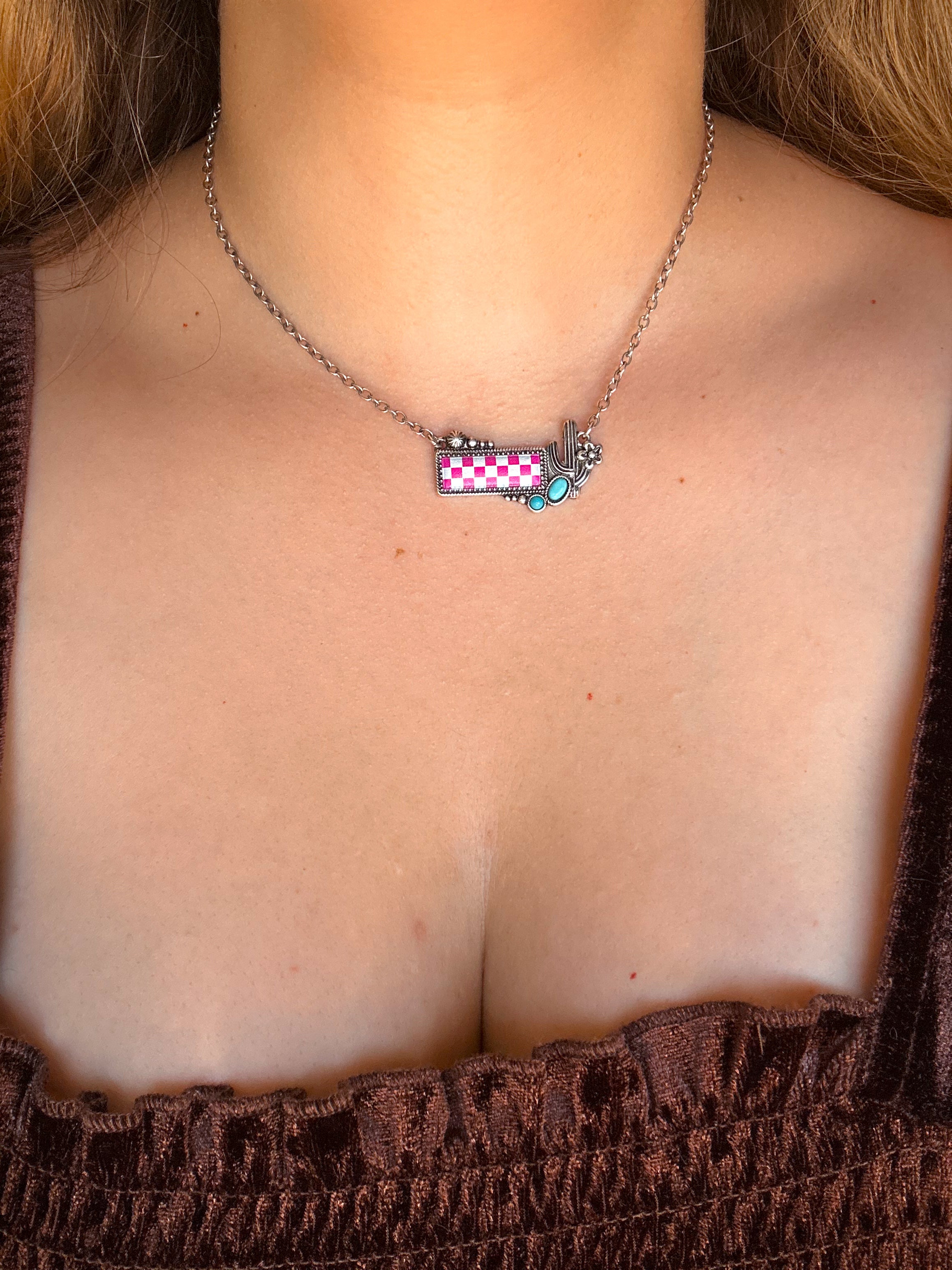 WESTERN CHECKERBOARD CACTUS PENDANT NECKLACE