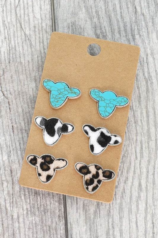 3-PAIR WESTERN COW HEAD ASSORTED EARRING SET