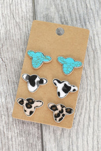 3-PAIR WESTERN COW HEAD ASSORTED EARRING SET